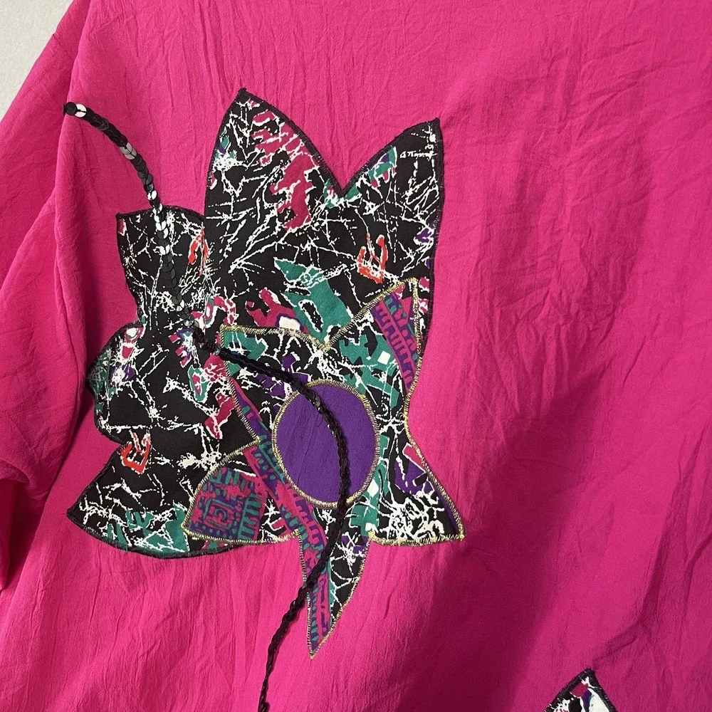 VTG 80s Teddi of California Nylon‎ Embellished Shirt Pink Retro Sz M costume